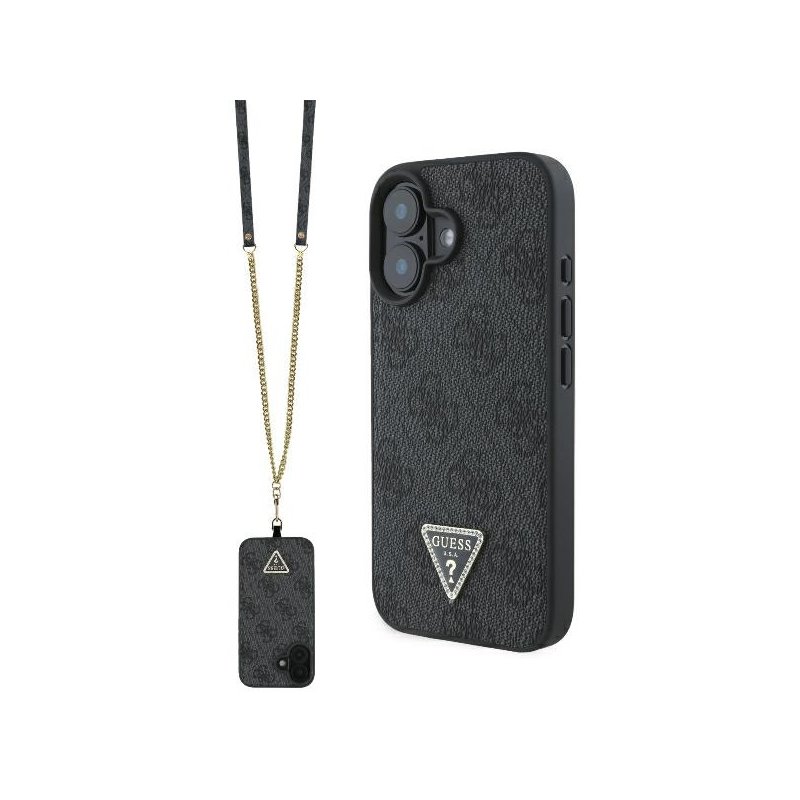 Guess iPhone 16 black hardcase Leather Metal Logo Strass Crossbody Guess iPhone 16 black hardcase Leather Metal Logo Strass Crossbody