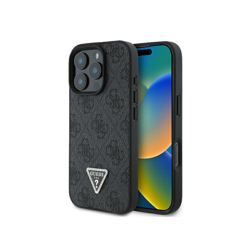 Guess iPhone 16 Pro black hardcase Leather 4G Triangle Strass MagSafe Guess iPhone 16 Pro black hardcase Leather 4G Triangle Strass MagSafe