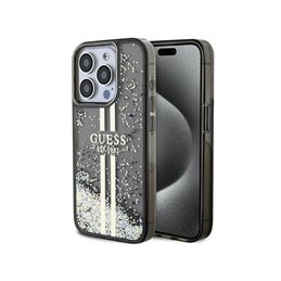 Guess iPhone 15 Pro Max black hardcase Liquid Glitter Gold Stripes