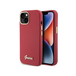 Guess iPhone 13/14/15 magenta hardcase Silicone Script Metal Logo & Frame