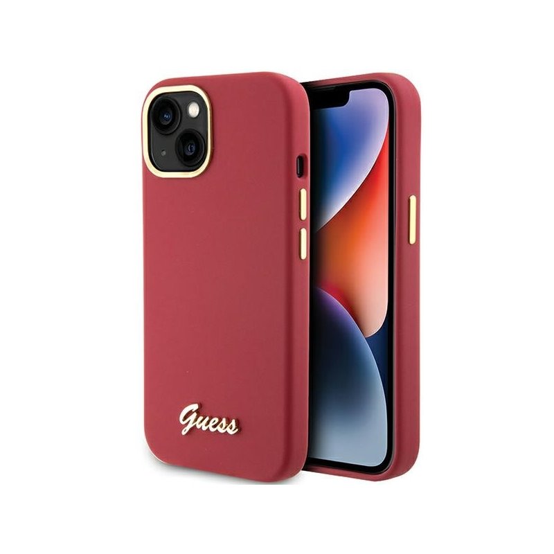 Guess iPhone 13/14/15 magenta hardcase Silicone Script Metal Logo & Frame Guess iPhone 13/14/15 magenta hardcase Silicone Script Metal Logo & Frame