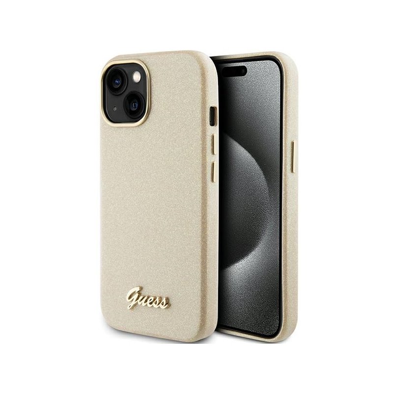 Guess iPhone 13/14/15 light gold hardcase Glitter Glossy Script Guess iPhone 13/14/15 light gold hardcase Glitter Glossy Script