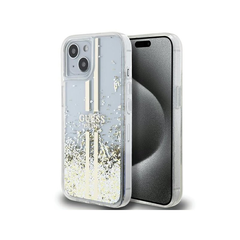 Guess iPhone 13/14/15 transparent hardcase Liquid Glitter Gold Stripes Guess iPhone 13/14/15 transparent hardcase Liquid Glitter Gold Stripes