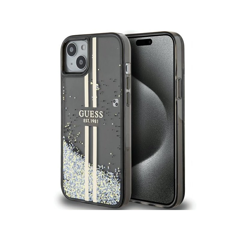 Guess iPhone 13/14/15 black hardcase Liquid Glitter Gold Stripes Guess iPhone 13/14/15 black hardcase Liquid Glitter Gold Stripes