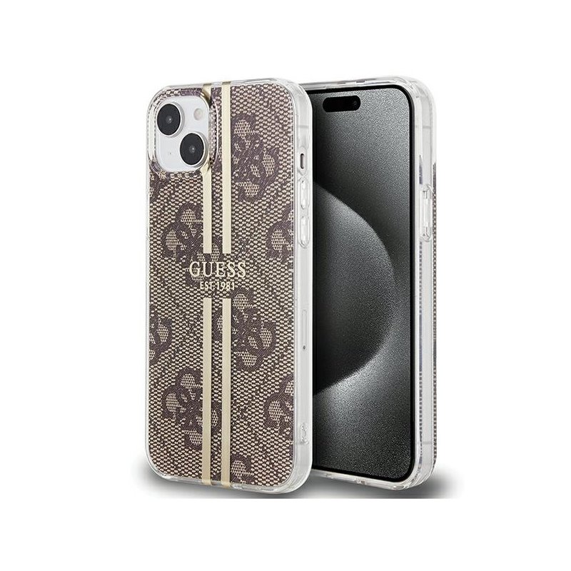 Guess iPhone 14 Plus/15 Plus brown hardcase IML 4G Gold Stripe