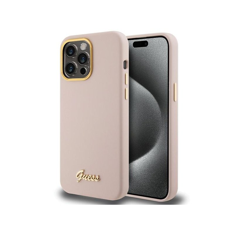 Guess iPhone 15 Pro pink hardcase Silicone Script Metal Logo & Frame Guess iPhone 15 Pro pink hardcase Silicone Script Metal Logo & Frame