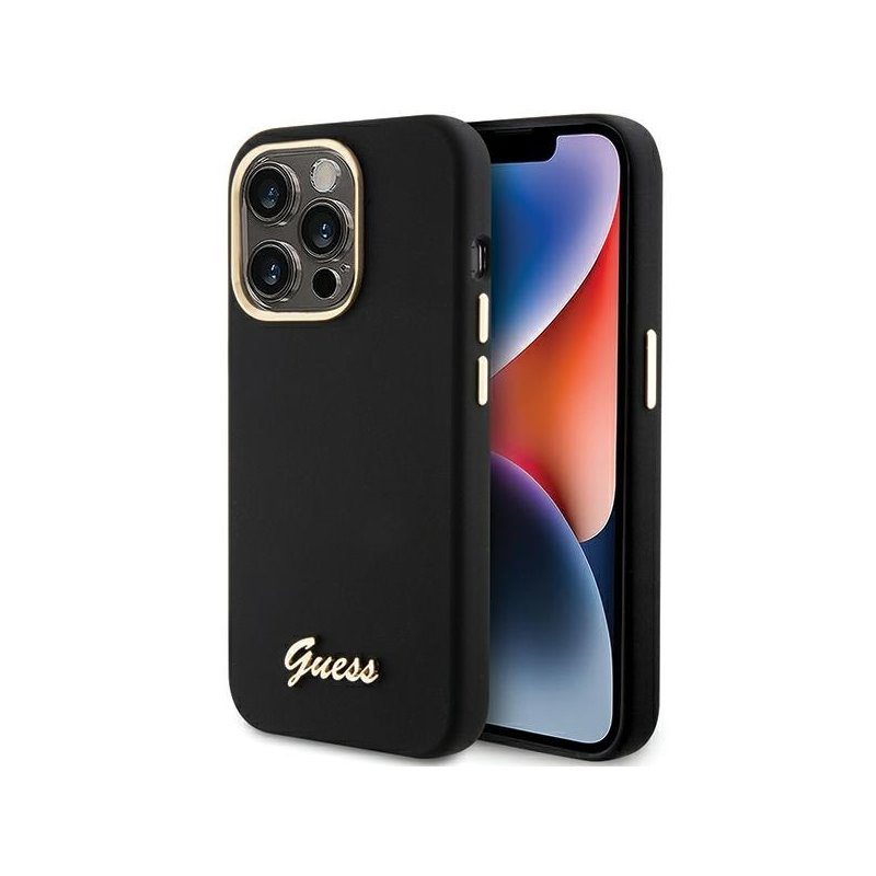 Guess iPhone 15 Pro black hardcase Silicone Script Metal Logo & Frame Guess iPhone 15 Pro black hardcase Silicone Script Metal Logo & Frame