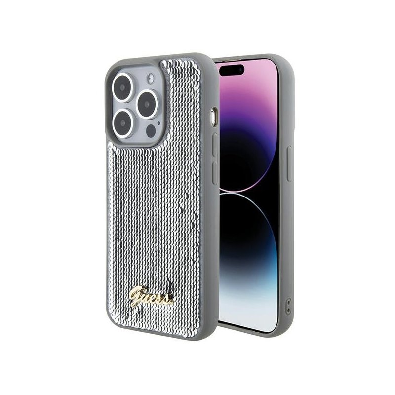 Guess iPhone 15 Pro silver hardcase Sequin Script Metal Guess iPhone 15 Pro silver hardcase Sequin Script Metal