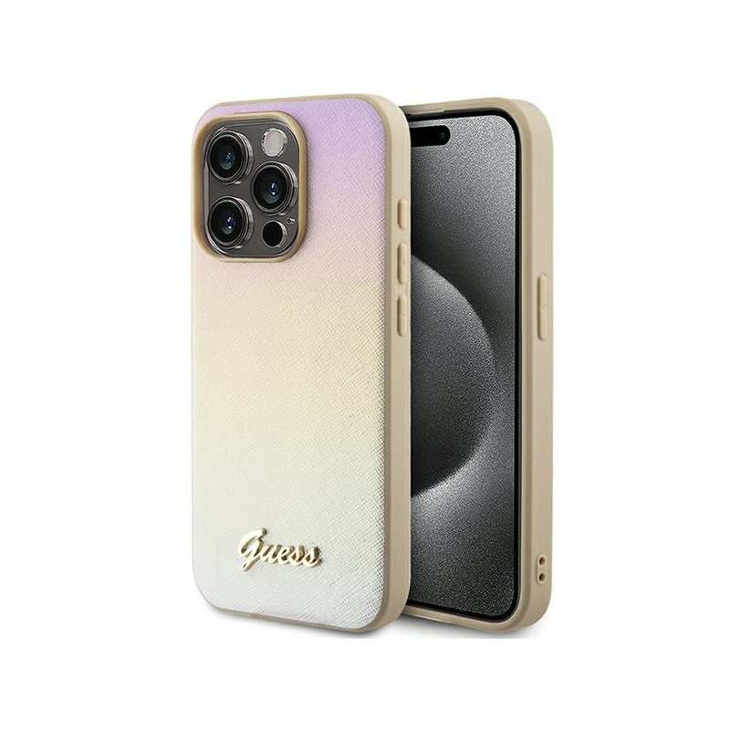 Guess iPhone 15 Pro gold hardcase Saffiano Iridescent Script