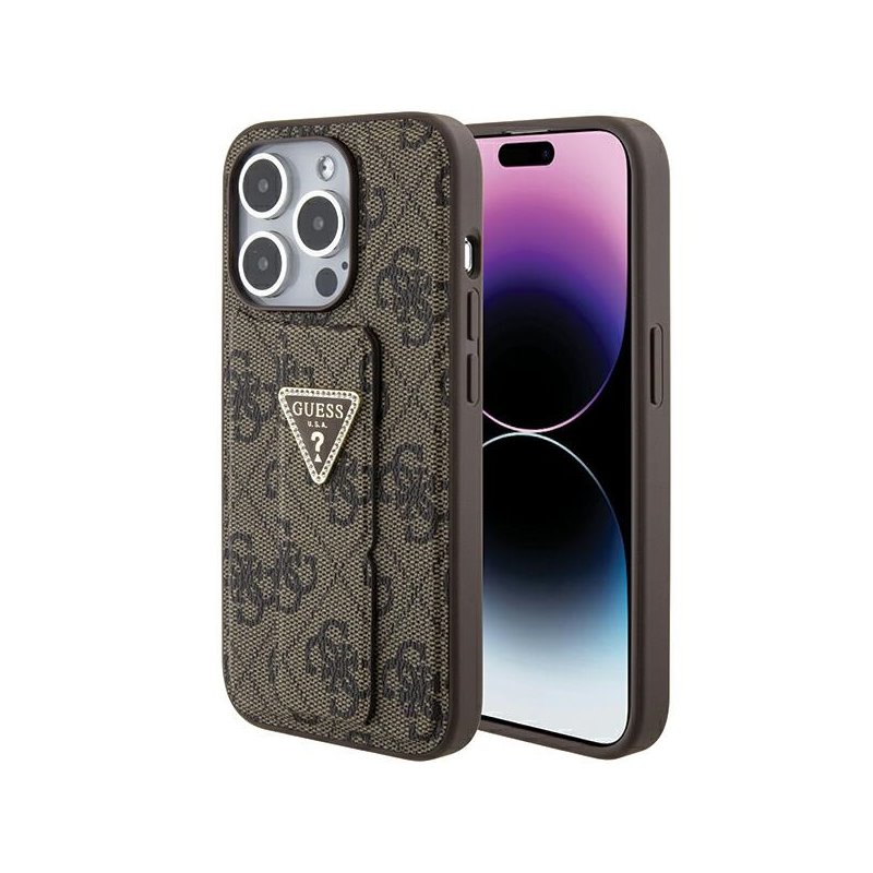 Guess iPhone 15 Pro brown hardcase Grip Stand 4G Triangle Strass Guess iPhone 15 Pro brown hardcase Grip Stand 4G Triangle Strass