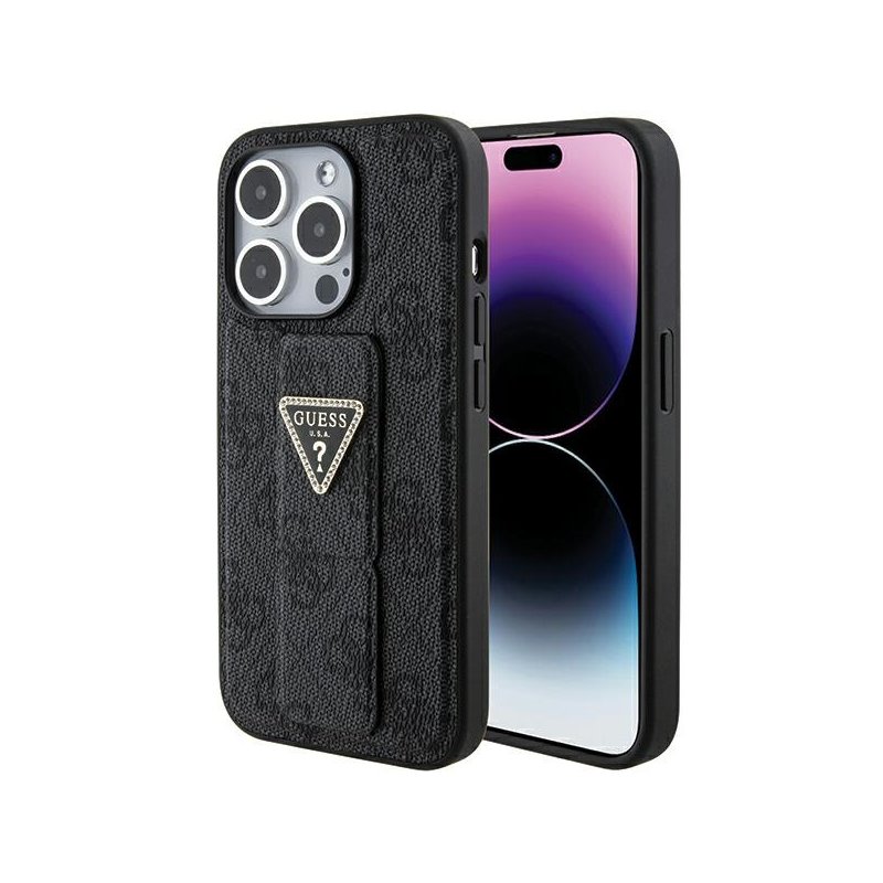 Guess iPhone 15 Pro black hardcase Grip Stand 4G Triangle Strass