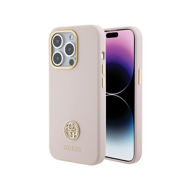 Guess iPhone 15 Pro pink hardcase Silicone Logo Strass 4G Guess iPhone 15 Pro pink hardcase Silicone Logo Strass 4G