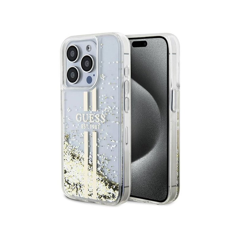 Guess iPhone 15 Pro transparent hardcase Liquid Glitter Gold Stripes Guess iPhone 15 Pro transparent hardcase Liquid Glitter Gold Stripes