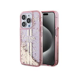 Guess iPhone 15 Pro pink hardcase Liquid Glitter Gold Stripes