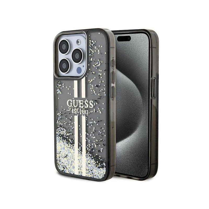 Guess iPhone 15 Pro black hardcase Liquid Glitter Gold Stripes Guess iPhone 15 Pro black hardcase Liquid Glitter Gold Stripes