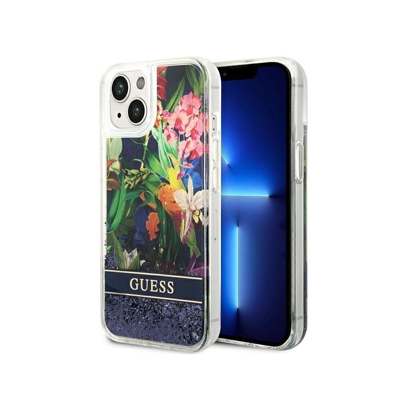 Guess iPhone 13/14/15 blue hardcase Flower Liquid Glitter