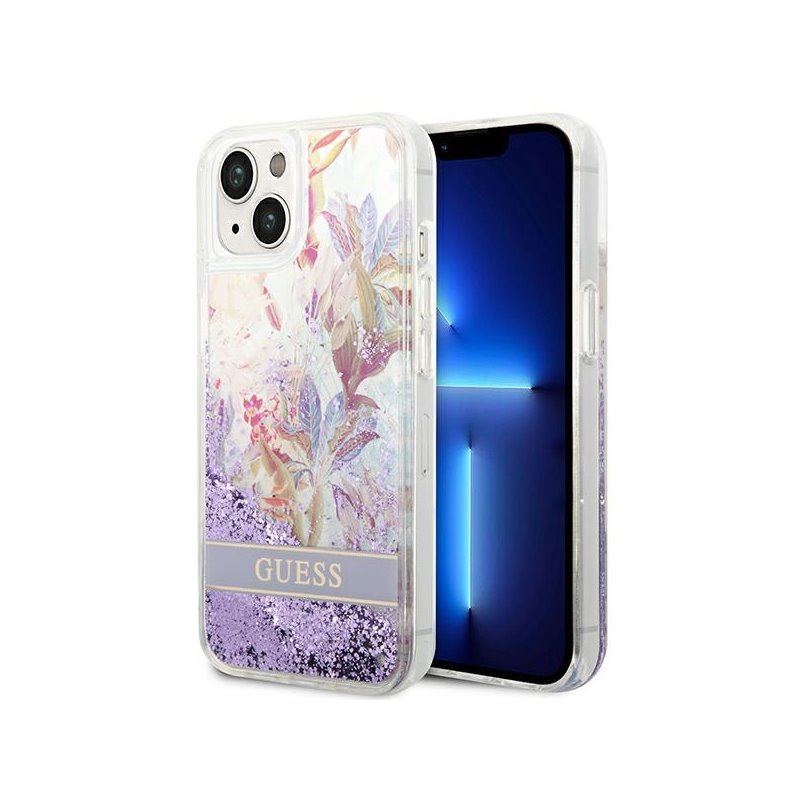 Guess iPhone 14 Plus/15 Plus purple hardcase Flower Liquid Glitter