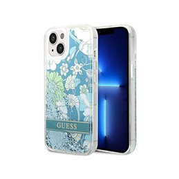 Guess iPhone 14 Plus/15 Plus green hardcase Flower Liquid Glitter