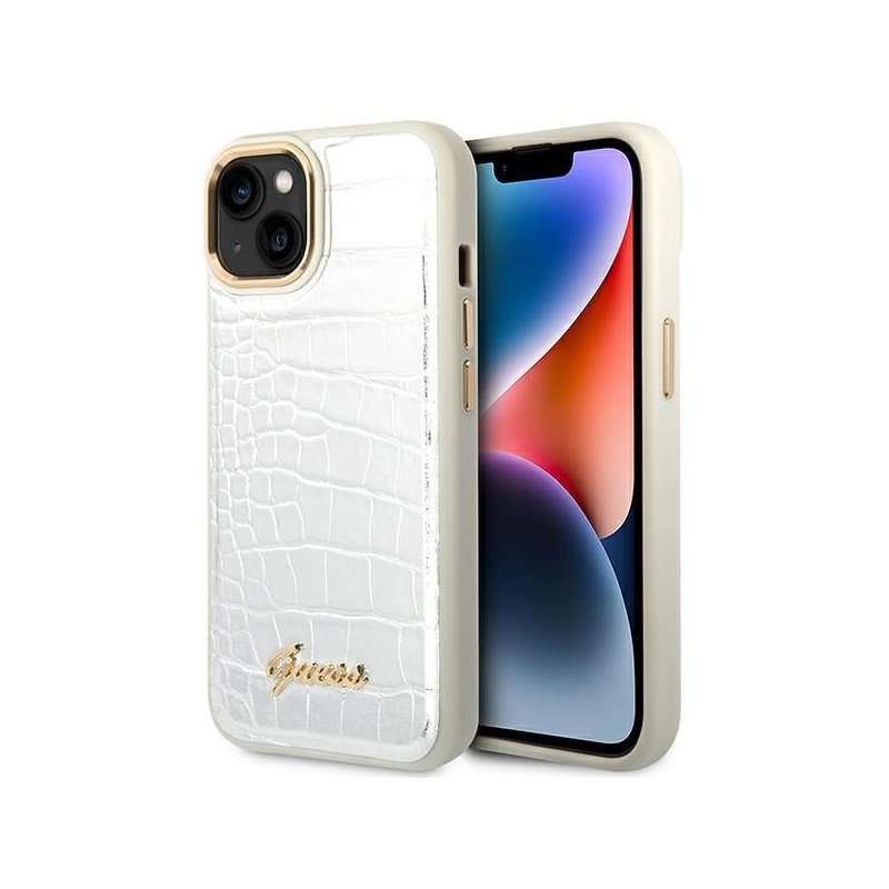 Guess iPhone 14 Plus/15 Plus silver hardcase Croco Collection Guess iPhone 14 Plus/15 Plus silver hardcase Croco Collection