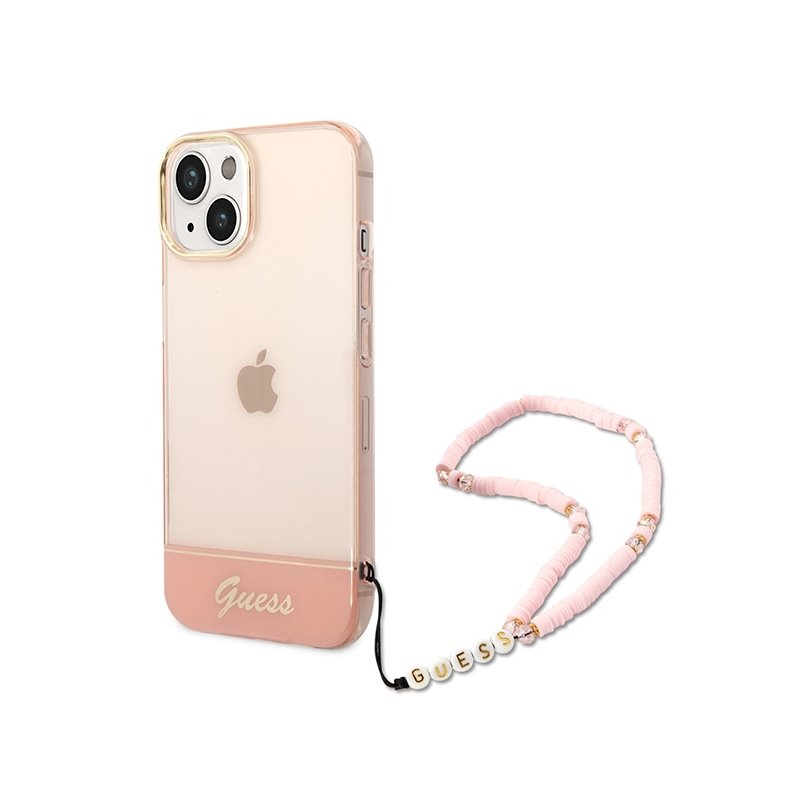 Guess iPhone 14 Plus/15 Plus pink hardcase Translucent Pearl Strap