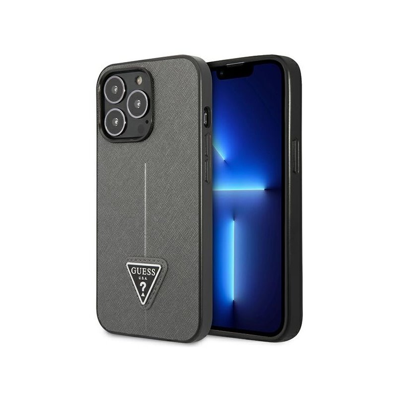 Guess iPhone 14 Pro silver hardcase SaffianoTriangle Logo Guess iPhone 14 Pro silver hardcase SaffianoTriangle Logo