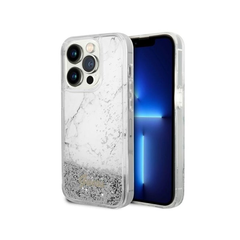 Guess iPhone 14 Pro white hardcase Liquid Glitter Marble