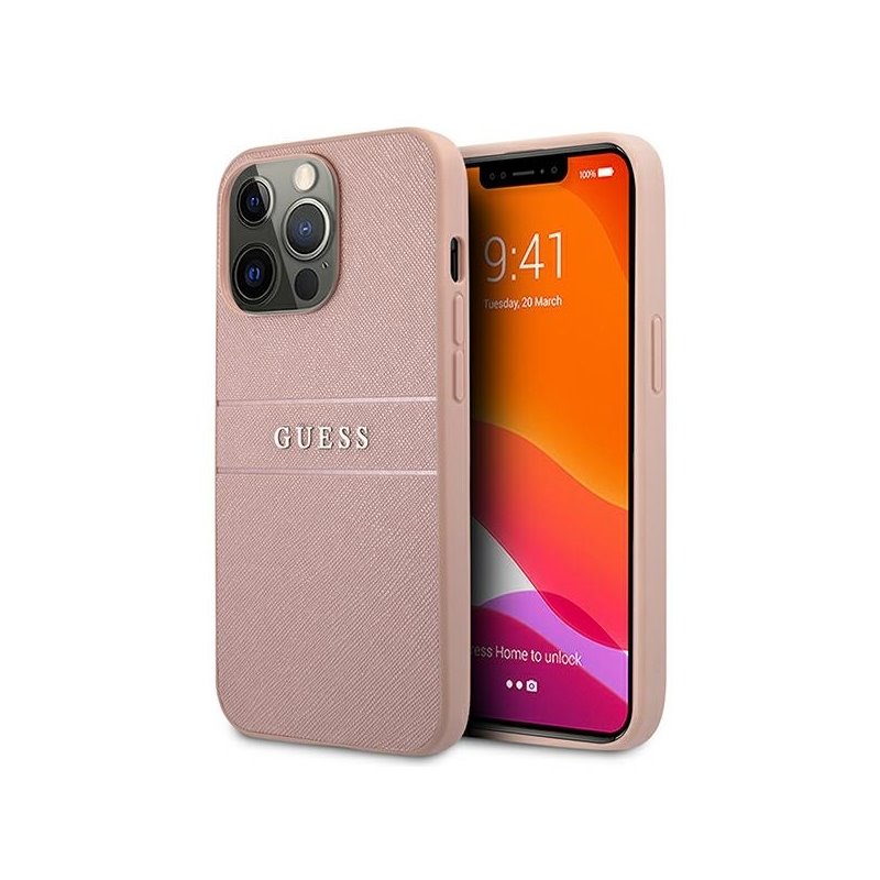 Guess iPhone 13 Pro Max pink hardcase Saffiano Stripe