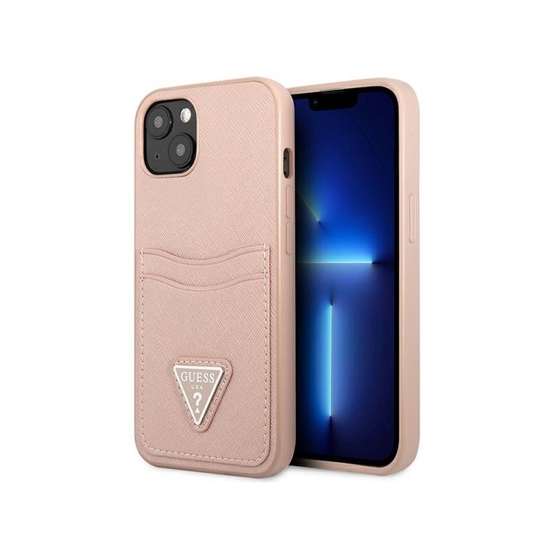 Guess iPhone 13 mini pink hardcase SaffianoTriangle Logo Cardslot Guess iPhone 13 mini pink hardcase SaffianoTriangle Logo Cardslot