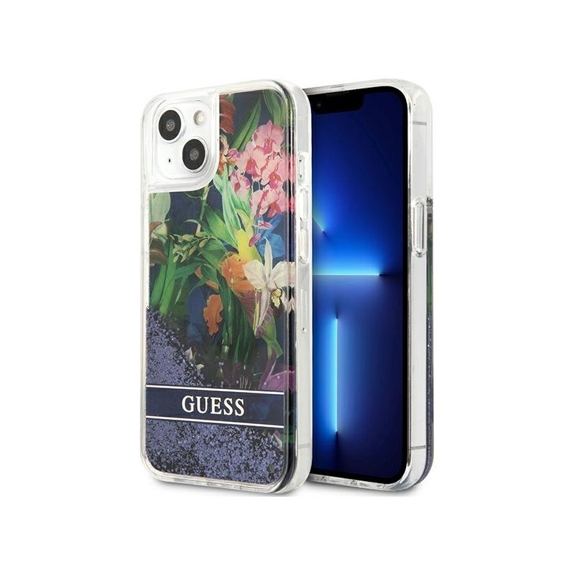 Guess iPhone 13 mini blue hardcase Flower Liquid Glitter Guess iPhone 13 mini blue hardcase Flower Liquid Glitter