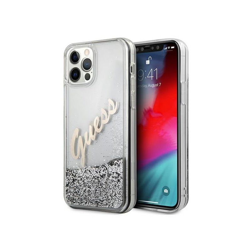 Guess iPhone 12 Pro Max silver hardcase Glitter Vintage Script Guess iPhone 12 Pro Max silver hardcase Glitter Vintage Script