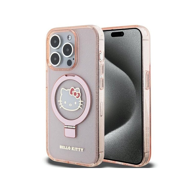Hello Kitty iPhone 15 Pro Pink Hardcase Ring Stand Glitter Electrop Logo Ma