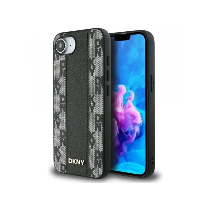 DKNY iPhone 16e black Leather Case Checkered Mono Pattern MagSafe