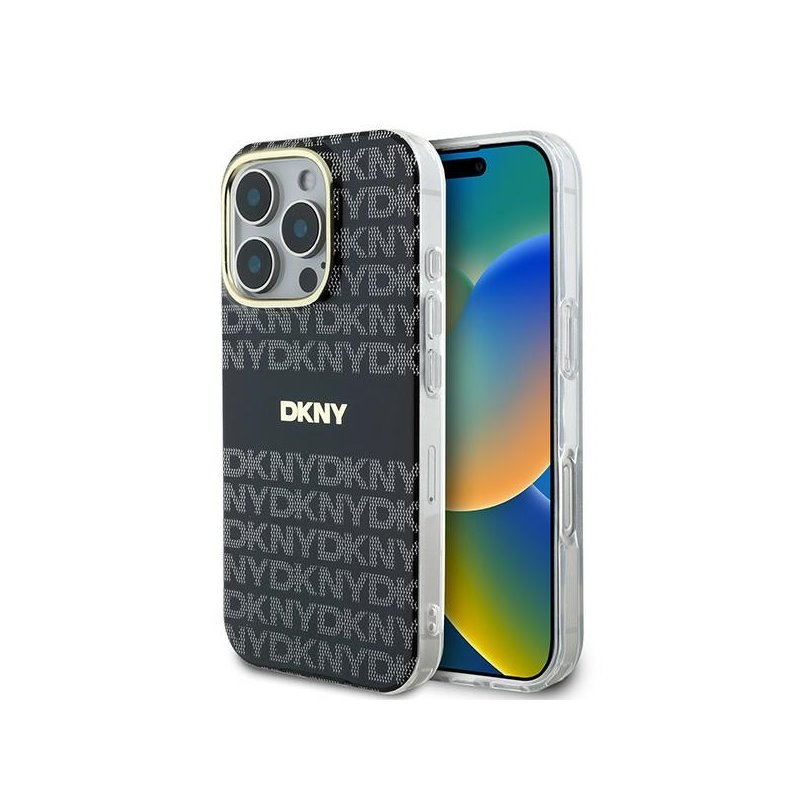 DKNY iPhone 16 Pro black hardcase Repeat Texture Pattern With Stripe DKNY iPhone 16 Pro black hardcase Repeat Texture Pattern With Stripe