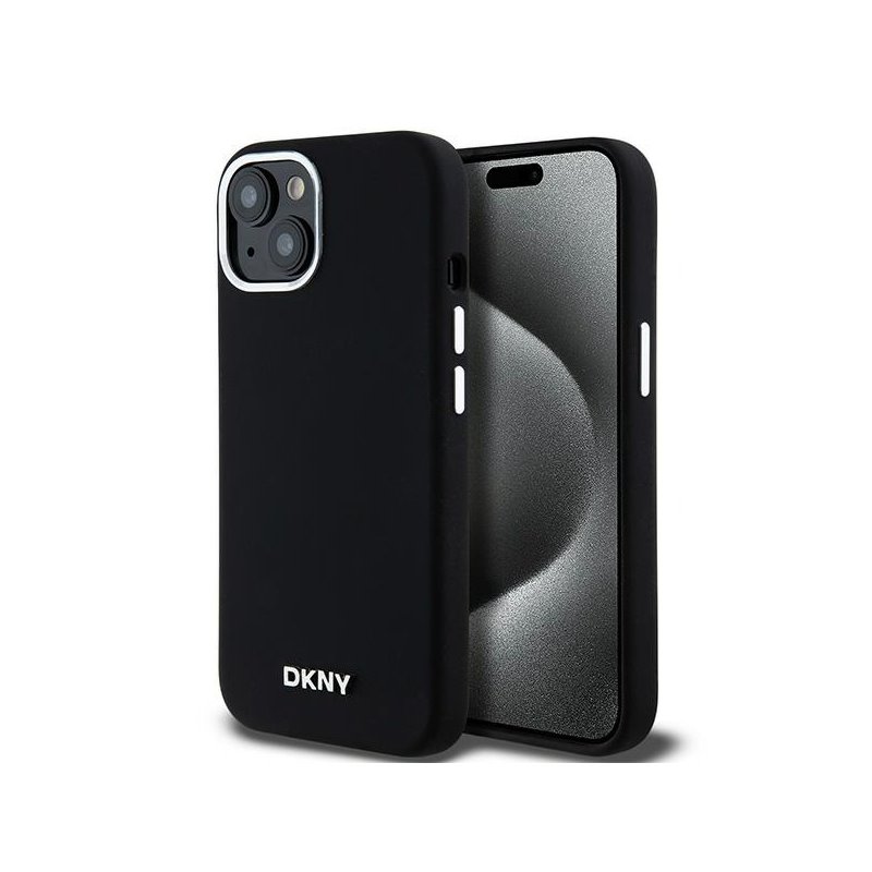 DKNY iPhone 13/14/15 black hardcase Liquid Silicone Small Metal Logo MagSaf