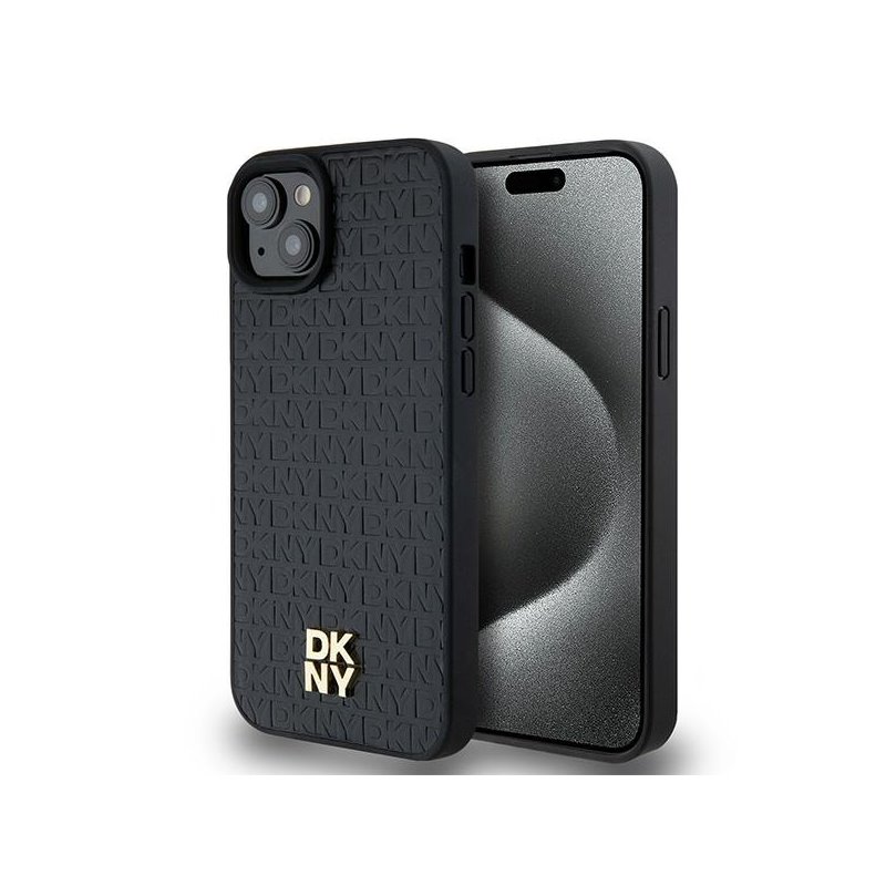 DKNY iPhone 13/14/15 black hardcase Leather Pattern Metal Logo MagSafe