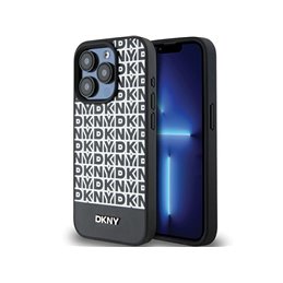 DKNY iPhone 15 Pro black hardcase Leather Printed Pattern Metal Logo MagSaf