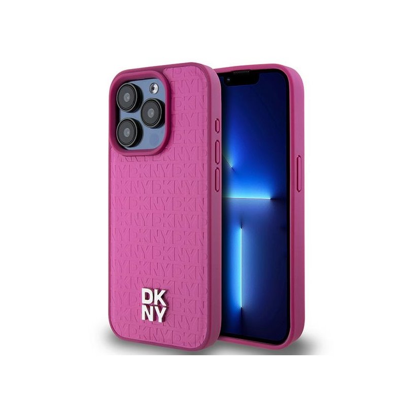 DKNY iPhone 15 Pro pink hardcase Leather Monogram Pattern Metal Logo MagSaf