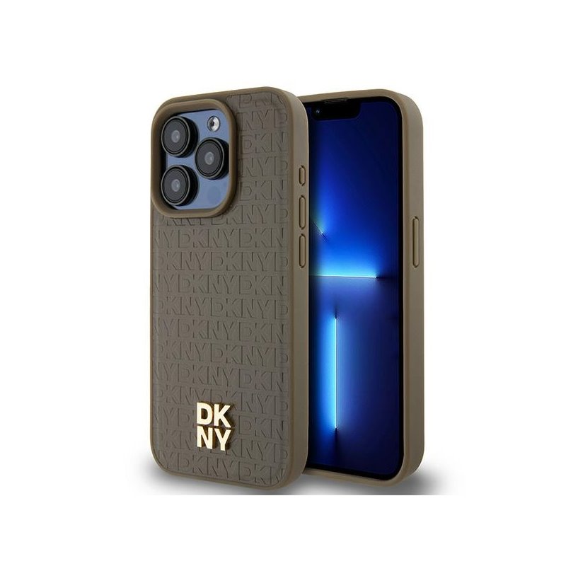 DKNY iPhone 14 Pro Max brown hardcase Leather Pattern Metal Logo MagSafe
