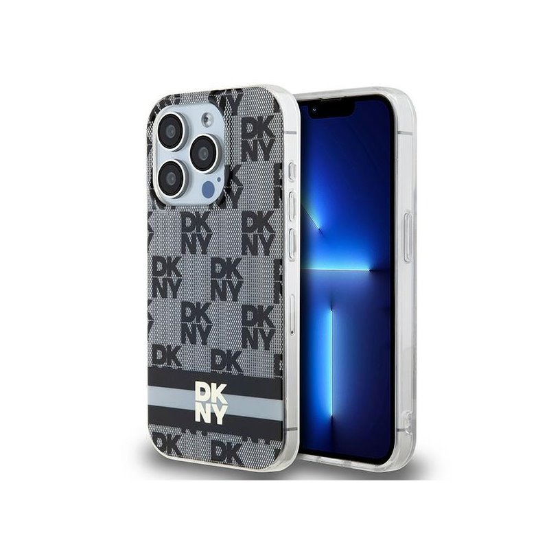 DKNY iPhone 14 Pro black hardcase IML Checkered Mono Pattern & Printed Str.