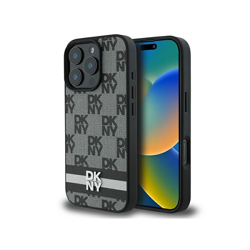 DKNY iPhone 16 Pro black hardcase Checkered Pattern & Printed Stripes
