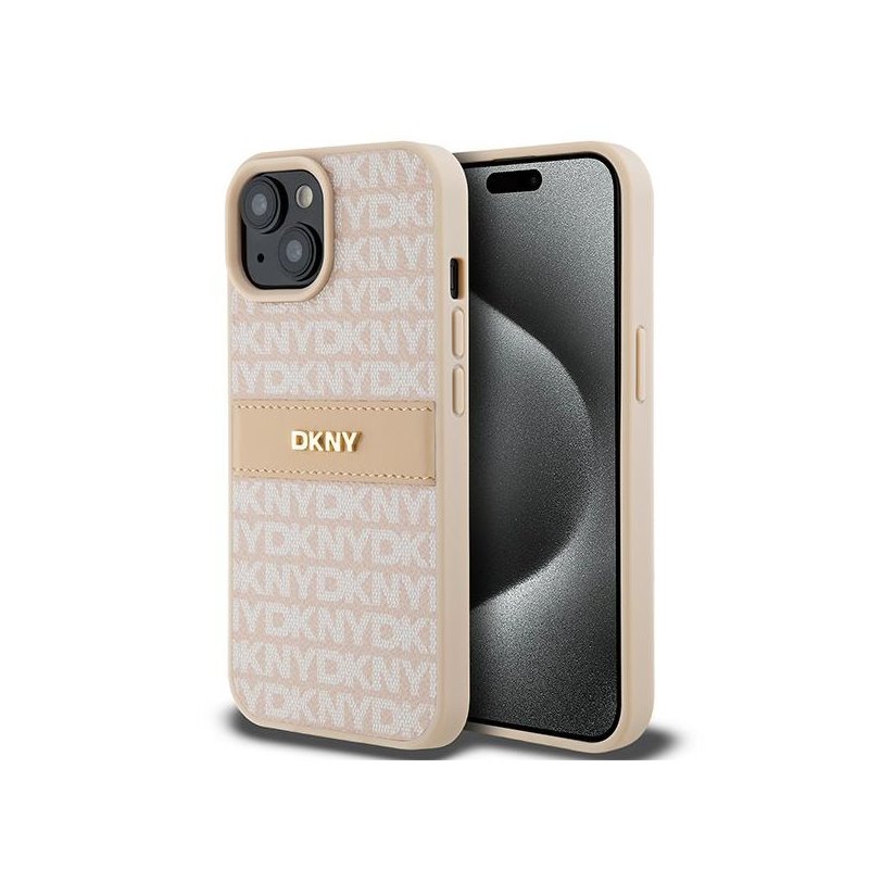 DKNY iPhone 14 Plus/15 Plus pink hardcase Leather Mono Stripe & Metal Logo DKNY iPhone 14 Plus/15 Plus pink hardcase Leather Mono Stripe & Metal Logo