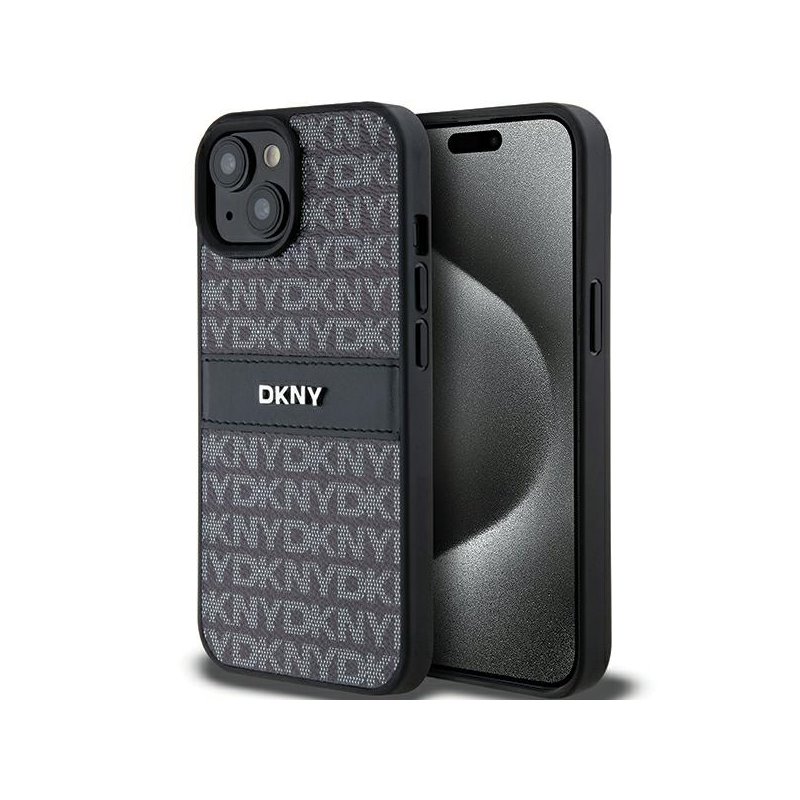 DKNY iPhone 14 Plus/15 Plus black hardcase Leather Mono Stripe & Metal Logo