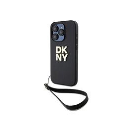 DKNY iPhone 15 Pro black hardcase with Wrist Strap and Stock Logo