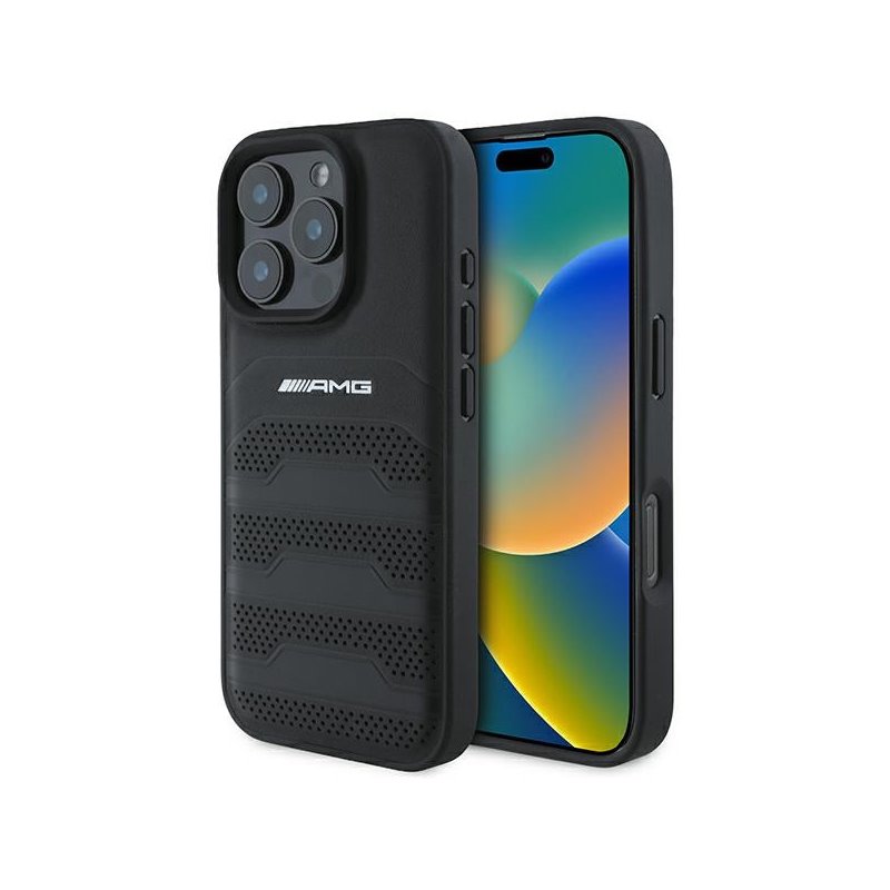 AMG iPhone 16 Pro Max black hardcase Leather Debossed Lines Black Logo AMG iPhone 16 Pro Max black hardcase Leather Debossed Lines Black Logo