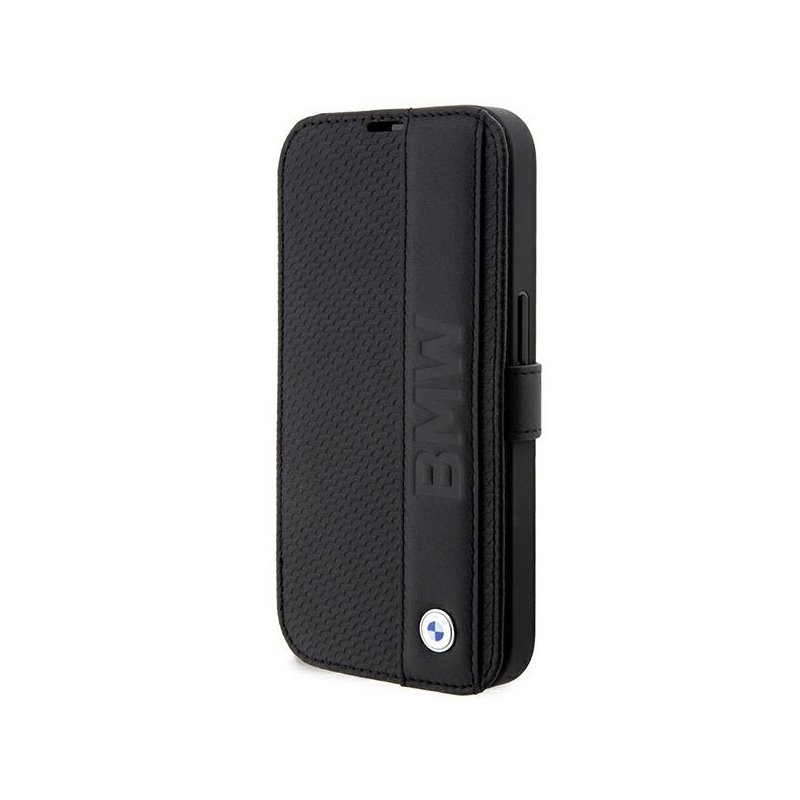 BMW iPhone 14 Pro black bookcase Leather Textured&Stripe
