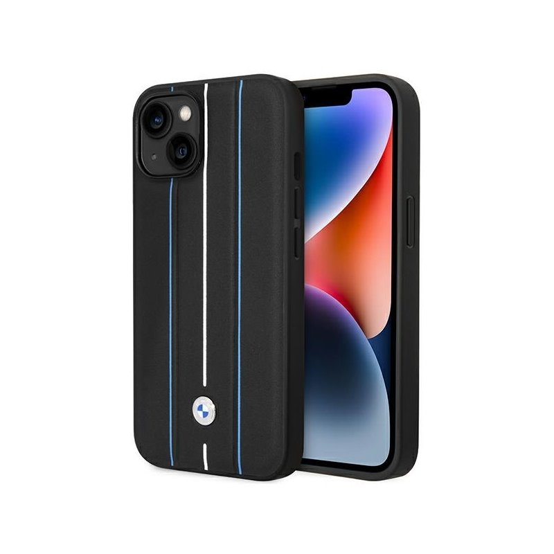 BMW iPhone 13/14/15 black hardcase Leather Stamp Blue Lines BMW iPhone 13/14/15 black hardcase Leather Stamp Blue Lines