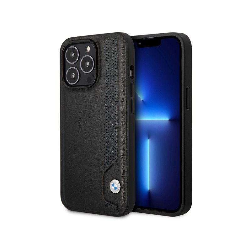 BMW iPhone 14 Pro Max black hardcase Leather Blue Dots