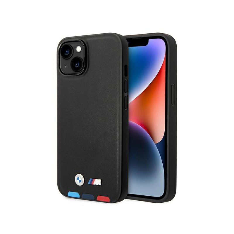 BMW iPhone 14 Plus/15 Plus black Leather Stamp Tricolor