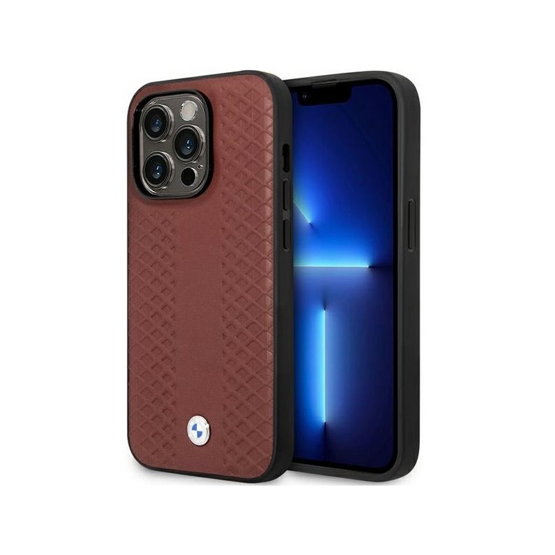 BMW iPhone 14 Pro burgundy Leather Diamond Pattern
