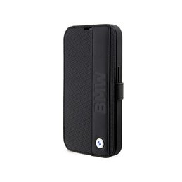 BMW iPhone 14 Pro Max black bookcase Leather Textured&Stripe